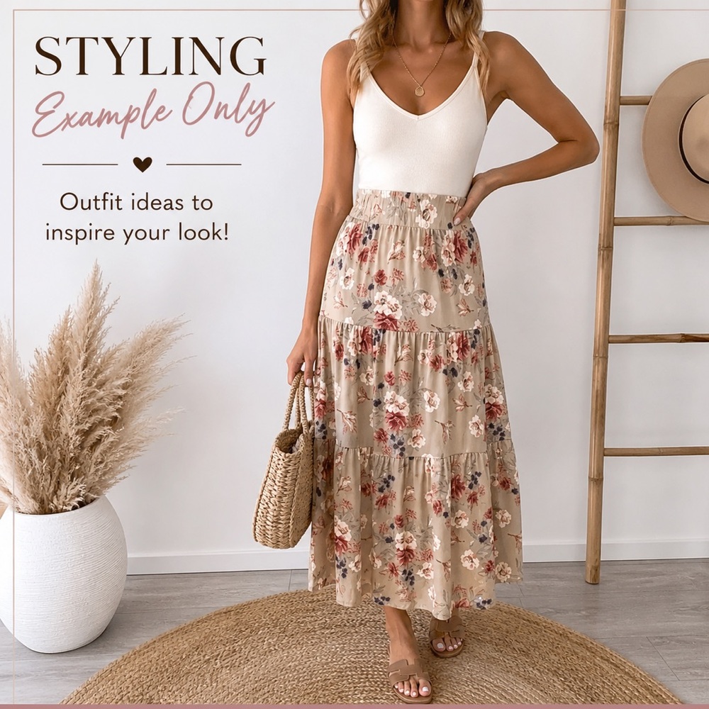 Ninexis Floral Tiered Tan Midi Skirt - Picture 2 of 4